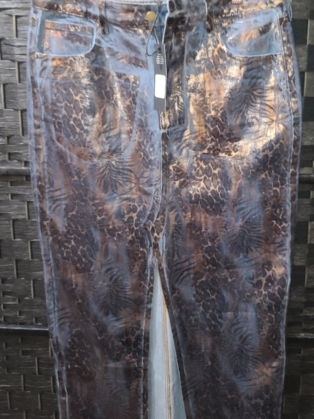 Fashion Nova Jose metallic coated leopard denim maxi skirt size L NWT